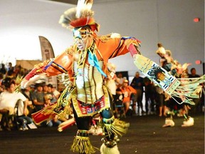 Nelson Tootoosis-Baker competes in the men's Chicken Dance at the Indian National Finals Powwow in Las Vegas, Nevada.