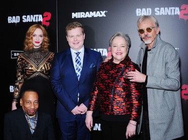 L-R: Tony Cox, Christina Hendricks, Brett Kelly, Kathy Bates and Billy Bob Thornton attend the New York premiere of "Bad Santa 2" at AMC Loews Lincoln Square in New York, November 15, 2016.