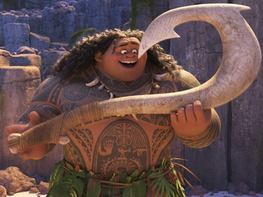 Demigod Maui, voiced by Dwayne Johnson, and Moana, voiced by Auli'i Cravalho, in "Moana."