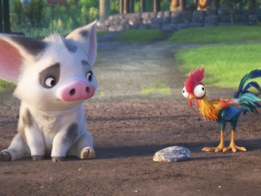 Pua (L) and Hei Hei, voiced by Alan Tudyk, in "Moana."