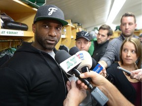 Saskatchewan Roughriders quarterback Darian Durant speaks to reporters during the Roughriders' annual locker-room clean-out on Sunday.