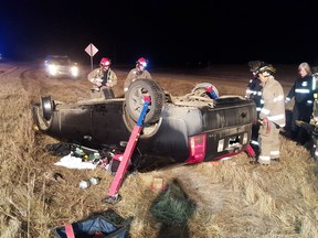 Saskatoon firefighters used extraction tools to help a woman trapped in a vehicle that had rolled into the ditch on Saturday, Nov. 26. (Supplied/Saskatoon Fire Department)