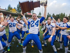 Saskatoon Hilltops celebrate a 37-25 win in the 2016 Canadian Bowl at Westhills Stadium in Langford, B.C.