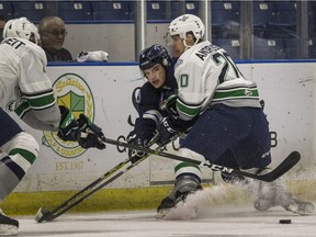 Saskatoon Blades #8 Cam Hausinger's forward progress with the puck was halted by the Seattle Thunderbirds in first-period WHL action in Saskatoon, November 1, 2016.