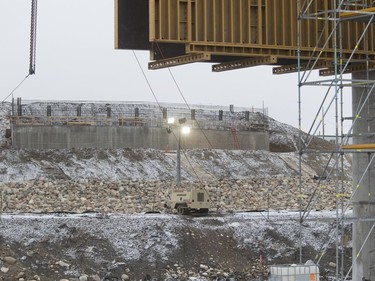 Looking at the east side of the North Commuter Bridge construction site during a media tour showing the progress on the westside pillars, with the second close to completion, November 23, 2016.