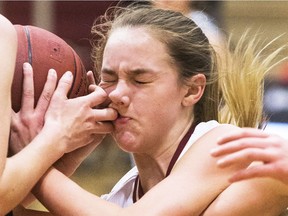 SASKATOON, SASK.; NOVEMBER 29, 2016 - 1130 sports basketball Centennial Charger's Camryn Ellis is finding the start of the season a bit rough in second quarter play against St. Joesph Guardians in Saskatoon High School Basketball league play, November 29, 2016. (GordWaldner/Saskatoon StarPhoenix)