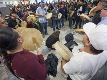 A flash mob broke out in Midtown Plaza in Saskatoon, singing at the top of their lungs in protest, making sure Mother Earth is protected and there is always safe water to drink, November 3, 2016.