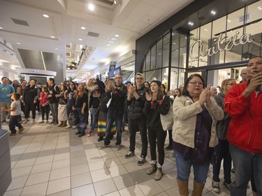 A flash mob broke out in Midtown Plaza in Saskatoon, singing at the top of their lungs in protest, making sure Mother Earth is protected and there is always safe water to drink, November 3, 2016.