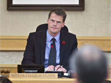 The tabling of the 2016-17 Saskatoon city budget with mayor Charlie Clark and council members present in council chambers, November 7, 2016.