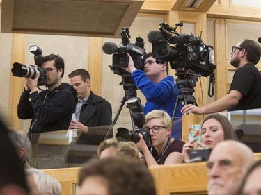 Cameras from all the media covering the swearing in of Saskatoon's new mayor Charlie Clark and the newly elected city councillors, October 31, 2016.