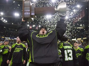 The Saskatchewan Rush Celebrate after an 11-10 victory over the Buffalo Bandits during the NLL Championship game at SaskTel Centre in Saskatoon, Saskatchewan on Saturday, June 4th, 2016.