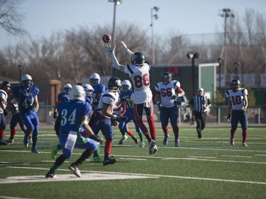Regina Miller Marauders #88 Dallen Keen attempts to catch the ball during play against Bishop J. Mahoney Saints at the 3A Regional Playoffs at SMF Field in Saskatoon, November 5, 2016.