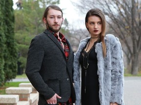 Ted Underhill (left) models an Eleven03 Apparel shirt and a jacket and pants from Anthony's. Kayle Ratti models a lace and silk dress by Whisky Tea Cup, a coat from White Dahlia and Soulfari jewelry. More can be seen Nov. 5 and 6 at the Saskatoon Fashion & Design Festival.