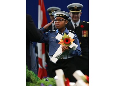 Wreaths and crosses are laid during the annual Remembrance Day Ceremony at SaskTel Centre, the biggest indoor ceremony in Canada, November 11, 2016.