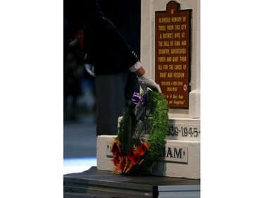 Wreaths are laid during the annual Remembrance Day Ceremony at SaskTel Centre, the biggest indoor ceremony in Canada, November 11, 2016.