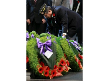 Wreaths are laid during the annual Remembrance Day Ceremony at SaskTel Centre, the biggest indoor ceremony in Canada, November 11, 2016.