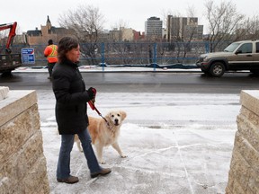 Linda McMullen walks her golden retriever Sadie along Sask Crescent every day. While a section was blocked off, due to the riverbank slumping, she had to walk through back alleys, so she is glad to have it open in Saskatoon on November 22, 2016. "they were only a couple of weeks over due so i'm actually quite impressed with what they've been able to do so far."