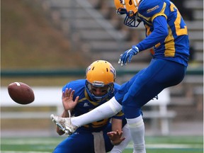 Saskatoon Hilltops' James Vause kicks the ball during the PFC junior football semifinal against Regina Thunder at SMF Field in Gordie Howe Park in Saskatoon on October 23, 2016. (Michelle Berg / The StarPhoenix)