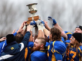 Saskatoon Hilltops celebrate their Prairie Football Conference championship game win against the Calgary Colts at SMF field in Saskatoon on October 30, 2016. (Michelle Berg / The StarPhoenix)