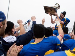 Saskatoon Hilltops celebrate their Prairie Football Conference championship game win against the Calgary Colts at SMF field in Saskatoon on October 30, 2016. (Michelle Berg / The StarPhoenix)