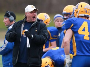 Saskatoon Hilltops' head coach Tom Sargeant gets vocal during the Prairie Football Conference championship game against the Calgary Colts at SMF field in Saskatoon on October 30, 2016.