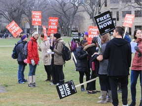 Students take part in a Canadian Federation of Students National Day of Action call for free tuition free education in the bowl at the University of Saskatchewan, Wednesday, November 02, 2016.