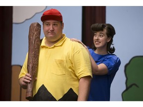 Rob Armstrong as Charlie Brown and Heather Currie as Lucy in Saskatoon Summer Players' You're a Good Man, Charlie Brown.