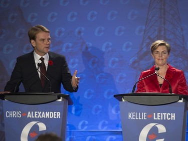 Candidates Chris Alexander and Kellie Leitch participate in the Conservative Party's first leadership debate in Saskatoon, moderated by Kaveri Braid, November 9, 2016.