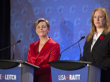 Candidates Kellie Leitch (L) and Lisa Raitt participate in the Conservative Party's first leadership debate in Saskatoon, moderated by Kaveri Braid, November 9, 2016.