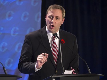 Conservative candidate Brad Trost participates in the Conservative Party's first leadership debate in Saskatoon, moderated by Kaveri Braid, November 9, 2016.