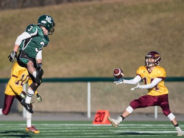 LeBoldus Golden Suns halfback William LaFoy intercepts a pass intended for Holy Cross Crusaders receiver Michael Letts during the high school football 4A provincial final at SMS field in Saskatoon, November 12, 2016.