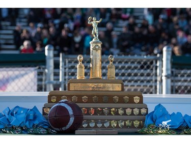 The trophy as the Holy Cross Crusaders take on the LeBoldus Golden Suns during the High school football 4A provincial final at SMS field in Saskatoon, SK. on Saturday, November 12, 2016. (LIAM RICHARDS/THE STAR PHOENIX)