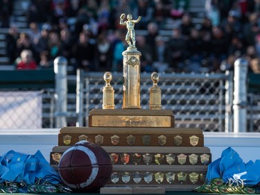 The trophy as the Holy Cross Crusaders take on the LeBoldus Golden Suns during the high school football 4A provincial final at SMS field in Saskatoon, November 12, 2016.