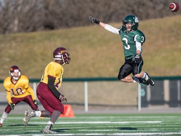 Holy Cross Crusaders receiver Michael Letts cannot grab a pass against the LeBoldus Golden Suns during the high school football 4A provincial final at SMS field in Saskatoon, November 12, 2016.