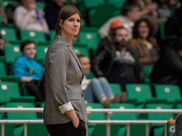 University of Saskatchewan Huskies head coach Lisa Thomaidis looks on as her team takes on the University of Brandon Bobcats in CIS Women's Basketball action at the PAC in Saskatoon, November 19, 2016.