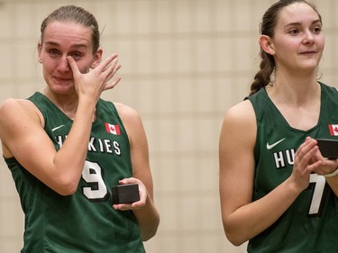 University of Saskatchewan Huskies women's basketball forward Megan Linquist reacts to a video tribute to her and her team's championship win last year following a game against the University of Brandon Bobcats in CIS Women's Basketball action at the PAC in Saskatoon, November 19, 2016.