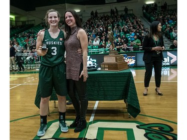 University of Saskatchewan Huskies forward Madeline Humbert is present with last year's championship ring by Huskies alumni Jill Humbert following a game against the University of Brandon Bobcats in CIS Women's Basketball action at the PAC in Saskatoon, November 19, 2016.