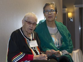 Janet Spence Fontaine poses with her 92-year-old mother Ruth Spence before being the keynote speaker for a gala honouring indigenous nurses at the Sheraton Hotel in Saskatoon, Tuesday, November 22, 2016. Spence Fontaine is the first known Indigenous Bachelor of Science in Nursing graduate from the U of S.