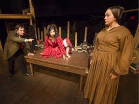 SASKATOON,SK-- November 22/2016  9999 you greystone theatre -----  (l to r) Greystone Theatre performers Jordie Richardson, Yulissa Campos and Quinn Eberle in scene from production of Bronte, Tuesday, November 22, 2016.  (GREG PENDER/STAR PHOENIX)