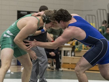 University of Saskatchewan Huskies wrestler Noah Bertholet takes on University of Calgary Dinos wrestler Bo Jackson during the Huskies Open wrestling at the Education Building on the U of S campus in Saskatoon, November 26, 2016.