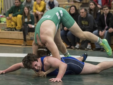 University of Saskatchewan Huskies wrestler Noah Bertholet takes on University of Calgary Dinos wrestler Bo Jackson during the Huskies Open wrestling at the Education Building on the U of S campus in Saskatoon, November 26, 2016.