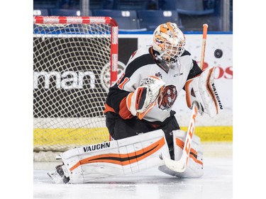 Medicine Hat Tigers goalie Nick Schneider makes a save against the Saskatoon Blades in third period WHL action in Saskatoon, November 26, 2016.