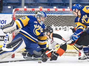 Saskatoon Blades left winger Chase Wouters knocks over Medicine Hat Tigers right winger Zach Fischer in front of goalie Brock Hamm in second period WHL action in Saskatoon, November 26, 2016.