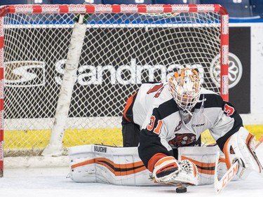 Medicine Hat Tigers goalie Nick Schneider makes a save against the Saskatoon Blades in third period WHL action in Saskatoon, November 26, 2016.