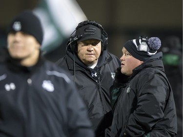 SASKATOON,SK-- October 14/2016  1015 sports huskies football ----- Coach Brian Towriss of the University of Saskatchewan Huskies, centre, on the sidelines at Griffiths Stadium, Friday, October 14, 2016 for Bridges feature.  (GREG PENDER/STAR PHOENIX)