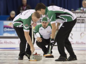 Steve Laycock (centre, flanked by Coltom Flasch and Dallan Muyres at the 2016 Brier) is enjoying a strong World Curling Tour season.