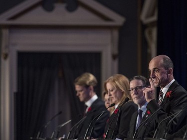 Conservative leadership candidate Steven Blaney (R) speaks during the Conservative leadership debate in Saskatoon, November 9, 2016.