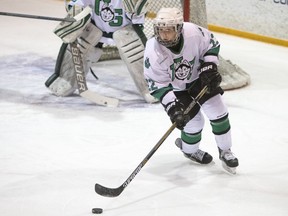 The University of Saskatchewan Huskies forward Kennedy Harris moves the puck against the University of Lethbridge Pronghorns in CIS women's hockey action at Rutherford Rink on Saturday, January 9th, 2016.