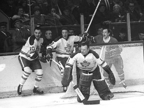 Prince Albert's Johnny Bower in net for the Toronto Maple Leafs.