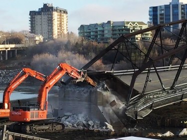 On Nov. 17, 2016, at 3:03 p.m., 39,852 days after the first vehicle crossed Saskatoon's Traffic Bridge, the last remaining span of the historic bridge fell to the berm beneath it